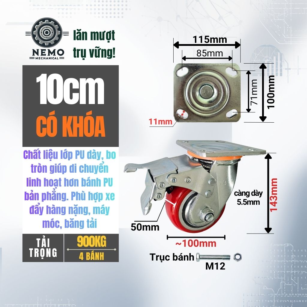 Bánh Xe PU Bo Tròn Tải Nặng – Kiểu Hàn Quốc, Xoay Hướng Linh Hoạt (D100 - D200)